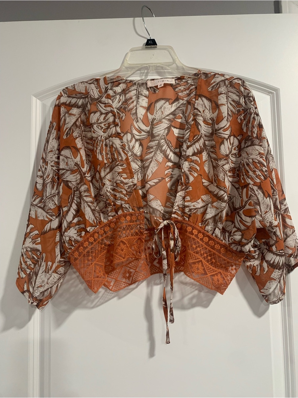 Timing Rust and White Leaf Print Tie-Front Camisole